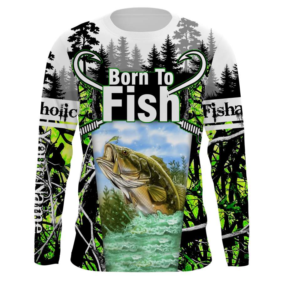 Largemouth Bass Fishing Born To Fish Fishing hook Fishaholic green muddy camo Sun / UV protection quick dry customize name long sleeves shirts UPF 30+ personalized fishing apparel gift for Fishing lovers – IPH2018