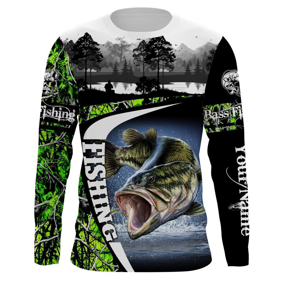 Largemouth Bass Fishing blue muddy camo clothing Sun / UV protection quick dry customize name long sleeves shirts UPF 30+ personalized fishing apparel gift for Fishing lovers – IPH2023