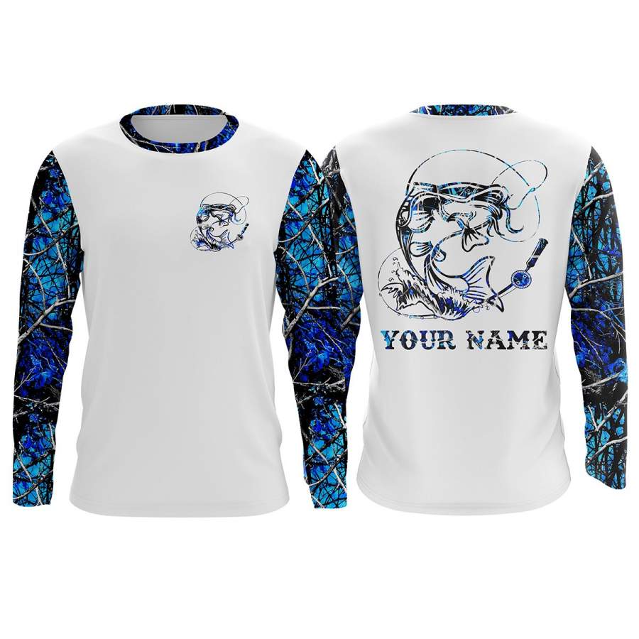 Catfish fishing blue muddy camo UV protection quick dry Customize name long sleeves UPF 30+ personalized gift for fisherman- NQS914