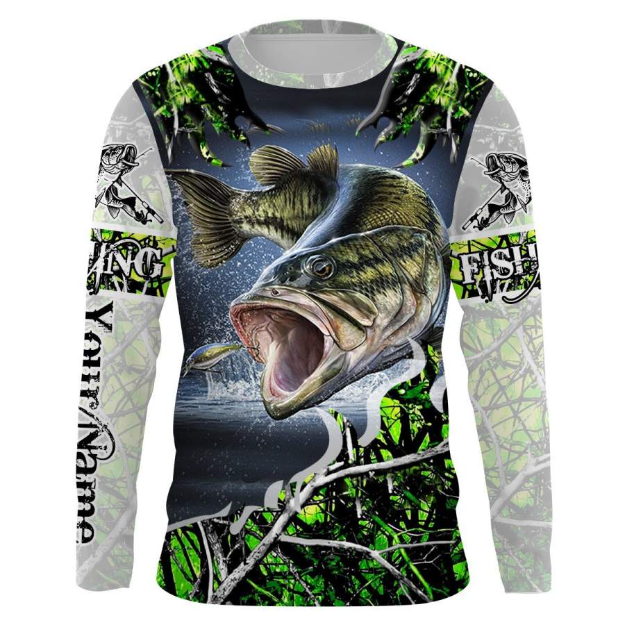 Largemouth Bass Fishing green muddy camo UV protection quick dry customize name long sleeves shirts UPF 30+ personalized fishing apparel gift for Fishing lovers – IPH1958