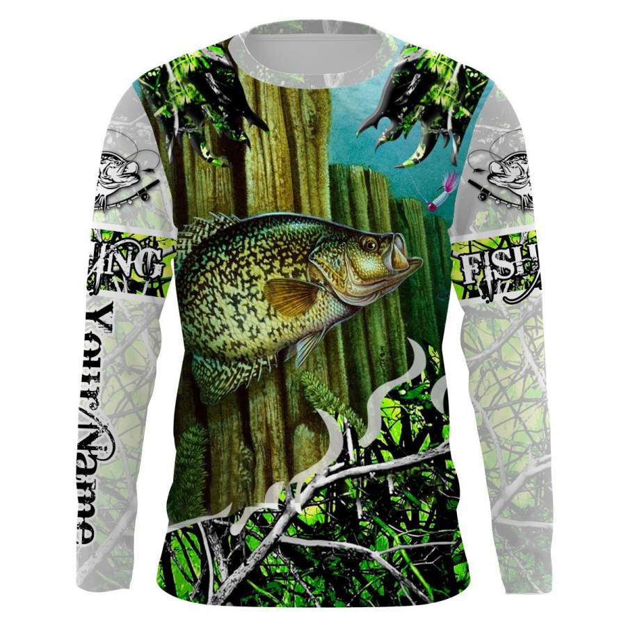 Crappie Fishing green muddy camo UV protection quick dry customize name long sleeves shirts UPF 30+ personalized fishing apparel gift for Fishing lovers – IPH1960