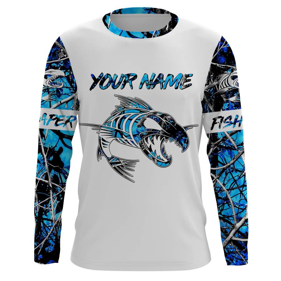 Fishing Fish skull blue muddy camo UV protection quick dry customize name long sleeves shirts UPF 30+ personalized fishing apparel gift for Fishing lovers – IPH1943