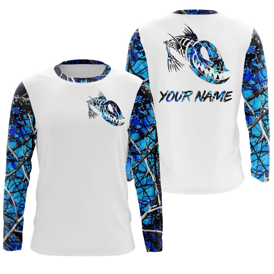 Fishing fish skull blue muddy camo UV protection quick dry customize name long sleeves shirts UPF 30+ personalized fishing apparel gift for Fishing lovers – IPH1942