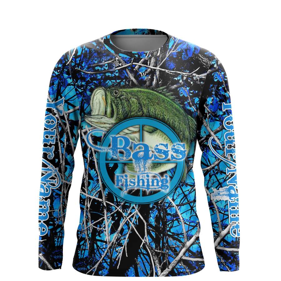 Largemouth Bass Fishing blue muddy camo UV protection quick dry customize name long sleeves shirts UPF 30+ personalized fishing apparel gift for Fishing lovers – IPH1927