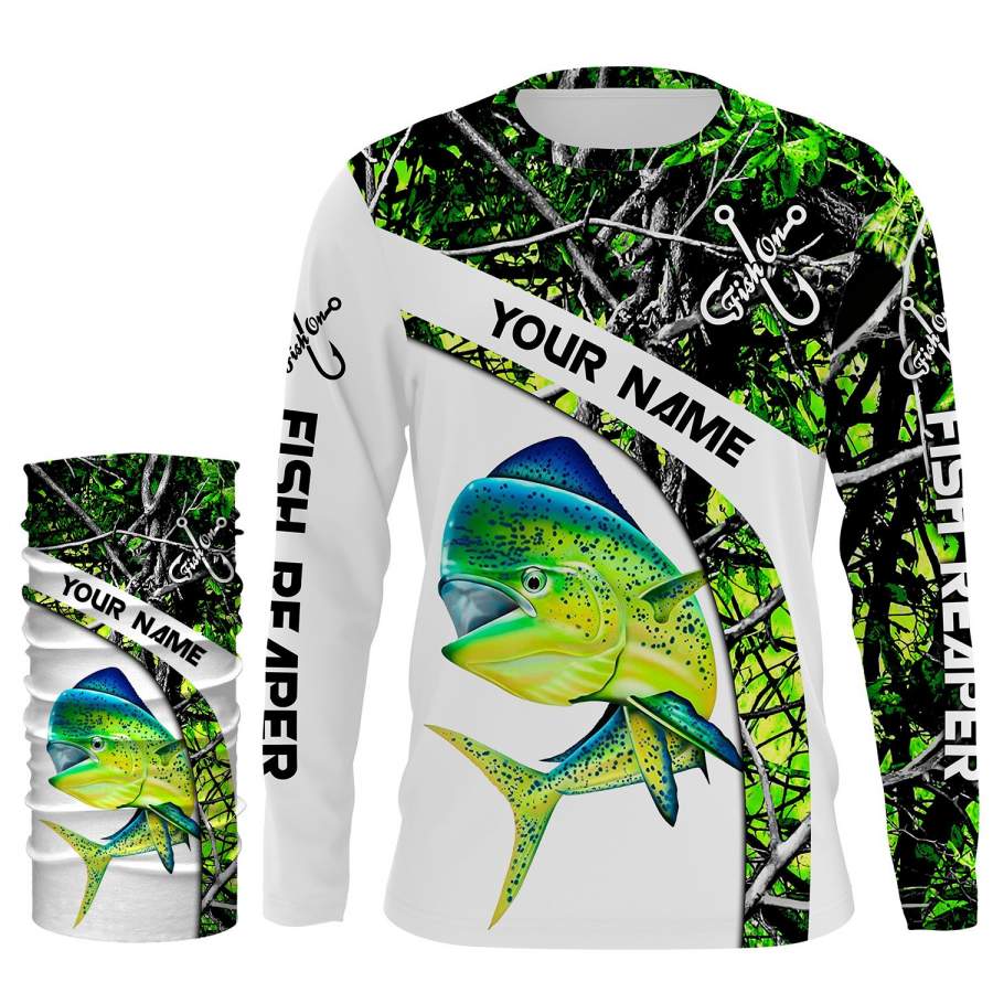 Mahi mahi ( Dorado) fishing Green muddy Camo UV protection quick dry Customize name long sleeves UPF 30+ personalized gift for fisherman- NQS803