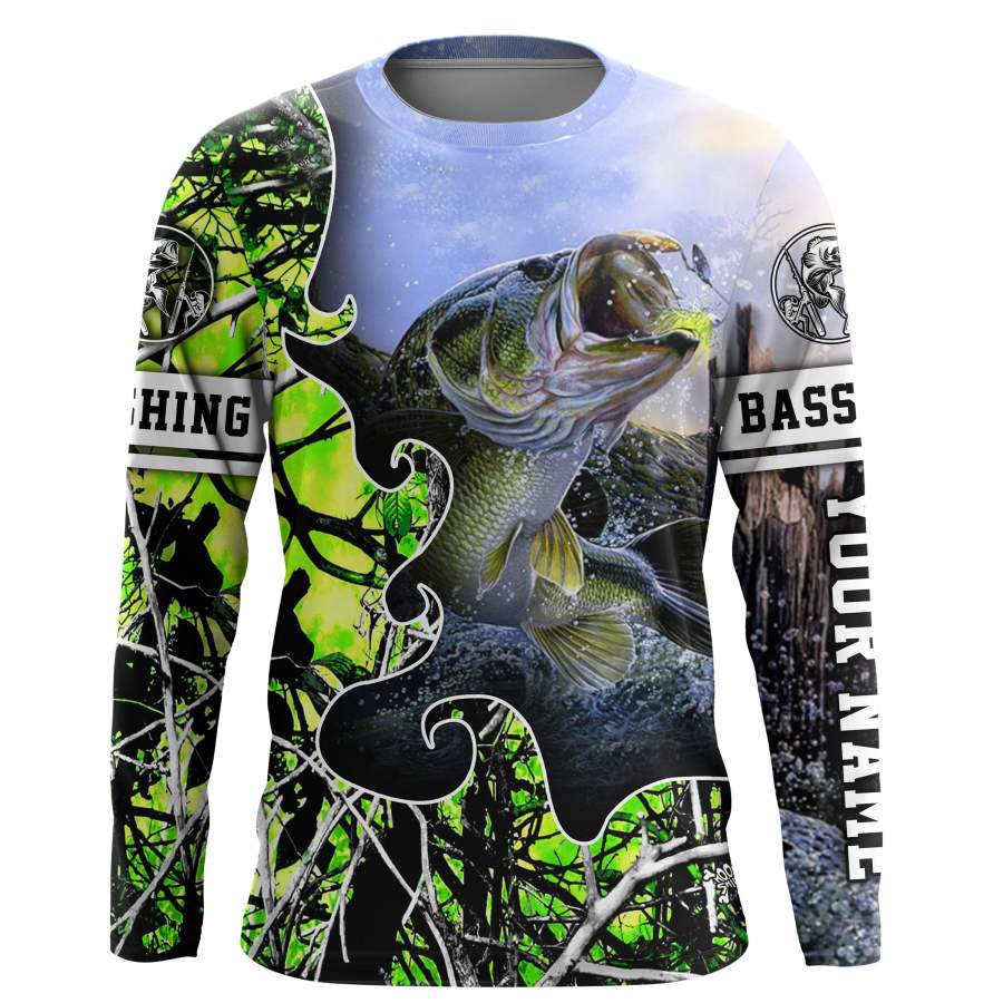 Largemouth Bass Fishing green muddy camo UV protection quick dry customize name long sleeves shirts UPF 30+ personalized fishing apparel gift for Fishing lovers – IPH1877