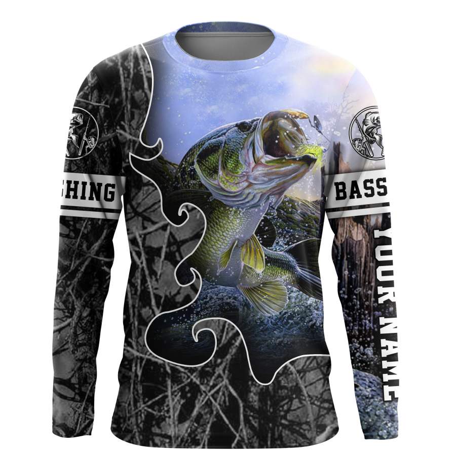 Largemouth Bass Fishing gray muddy camo UV protection quick dry customize name long sleeves shirts UPF 30+ personalized fishing apparel gift for Fishing lovers – IPH1879