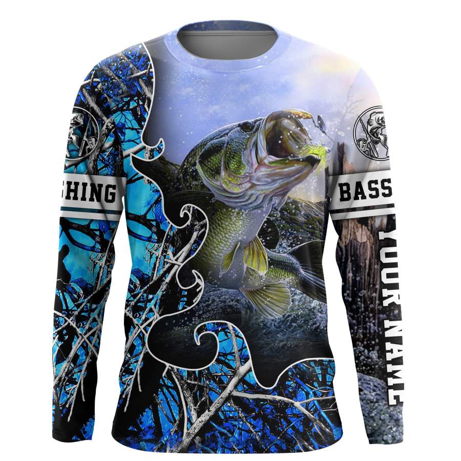 Largemouth Bass Fishing blue muddy camo UV protection quick dry customize name long sleeves shirts UPF 30+ personalized fishing apparel gift for Fishing lovers – IPH1876