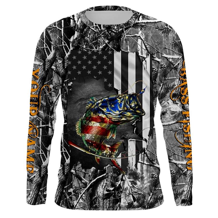 Largemouth Bass Fishing muddy camo American US Flag UV protection quick dry customize name long sleeves shirts UPF 30+ personalized Patriotic fishing apparel gift for Fishing lovers – IPH1860