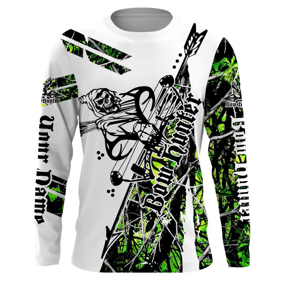 Green camo Bow hunter hunting reaper muddy camo UV protection quick dry customize name long sleeves shirts UPF 30+ personalized gift for hunting lovers – IPH1846