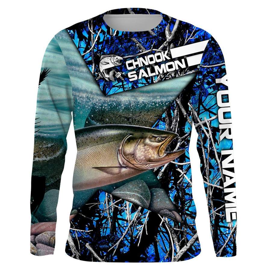 Chinook Salmon Fishing Skeleton Fishing Skull star blue muddy Camo UV protection quick dry customize name long sleeves shirts UPF 30+ personalized gift for Fishing lovers – IPH1838