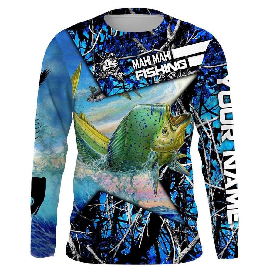 Mahi Mahi Fishing Skeleton Fishing Skull star blue muddy Camo UV protection quick dry customize name long sleeves shirts UPF 30+ personalized gift for Fishing lovers – IPH1839