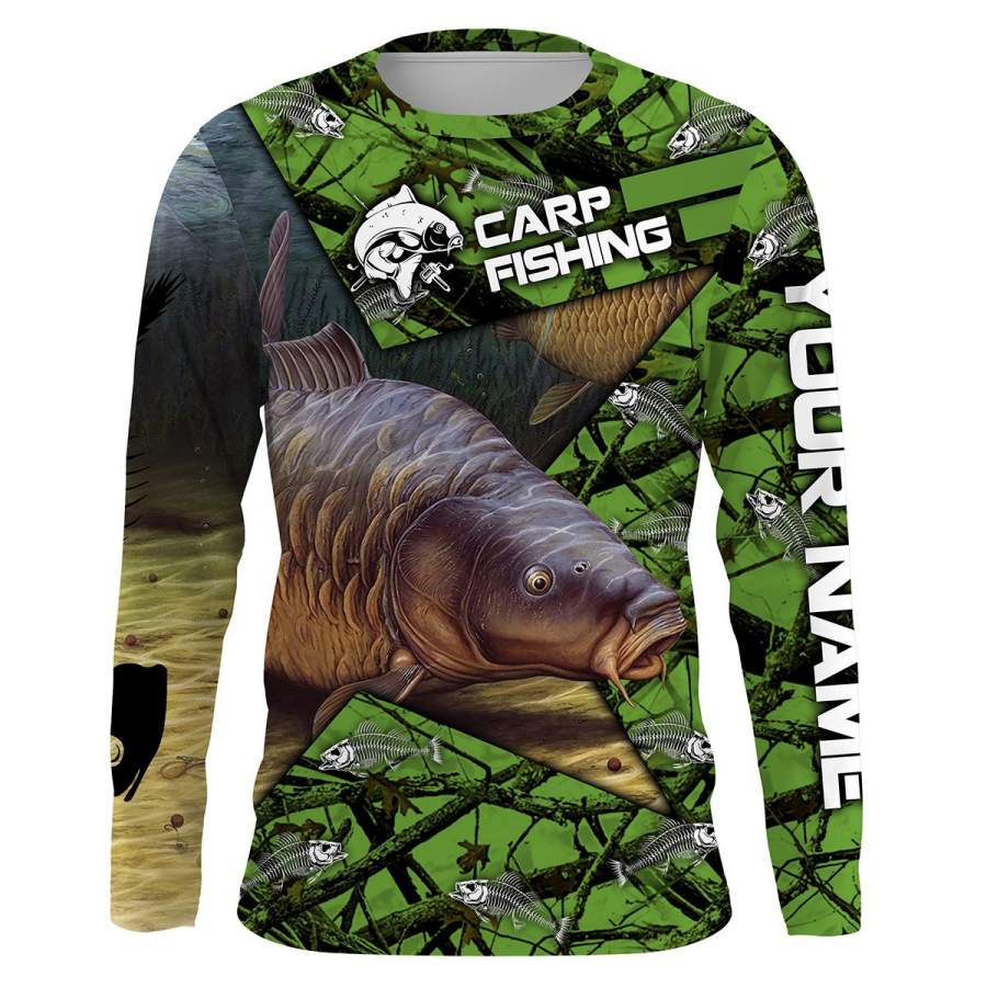 Carp Fishing Skeleton Fishing Skull star green muddy Camo UV protection quick dry customize name long sleeves shirts UPF 30+ personalized gift for Fishing lovers – IPH1836