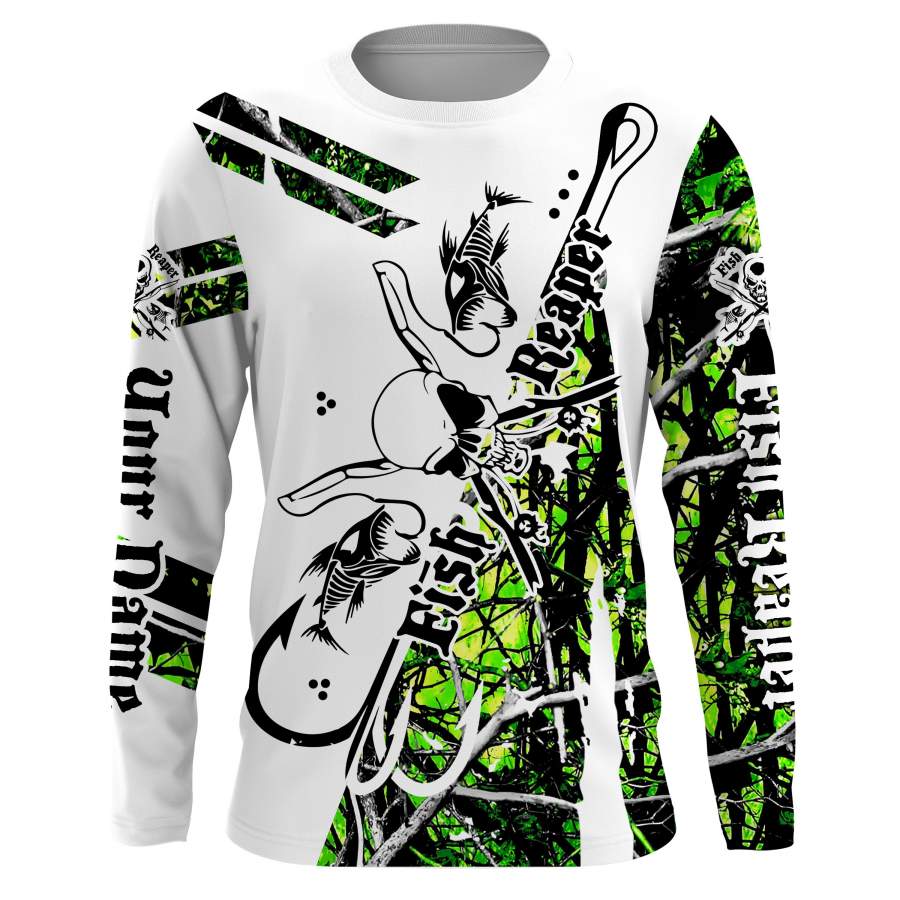 Fishing Fish reaper green muddy camo UV protection quick dry Customize name long sleeves, Long sleeve hooded UPF 30+ personalized gift for Fishing lovers – IPH1833