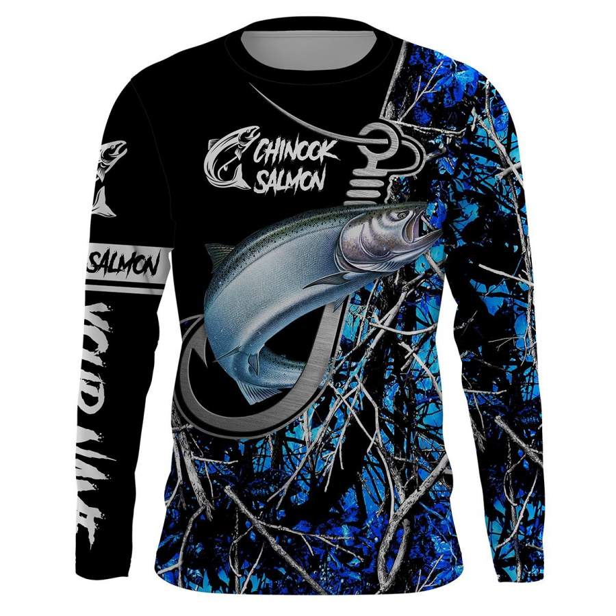 Chinook Salmon (King Salmon) Fishing Fish hook blue muddy camo UV protection quick dry customize name long sleeves shirts UPF 30+ personalized gift for Fishing lovers – IPH1802