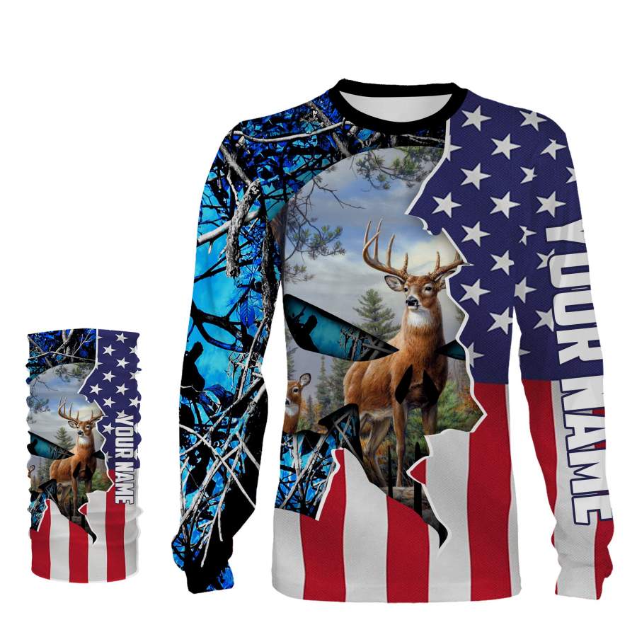 Deer Hunting US big game hunting blue muddy camo American Flag Grim Reaper Custom Name 3D All over print shirts – personalized hunting gifts – NQS733