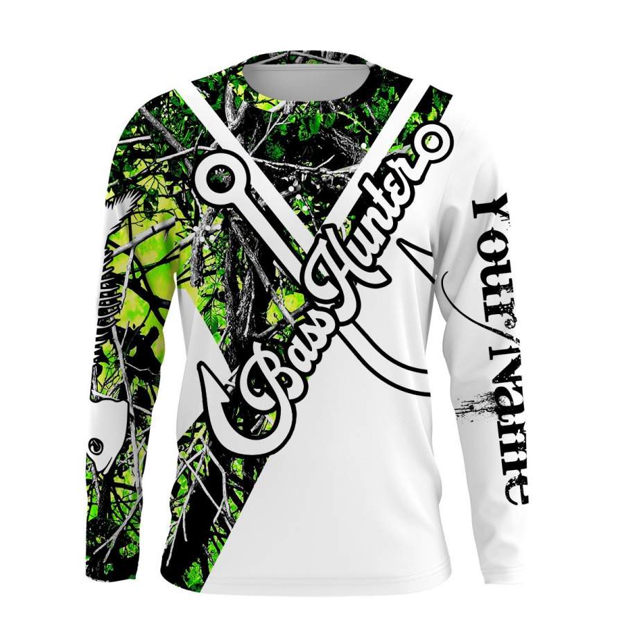 Bass hunter Fishing Fish hook green muddy camo UV protection quick dry customize name long sleeves shirts UPF 30+ personalized gift for Fishing lovers – IPH1785