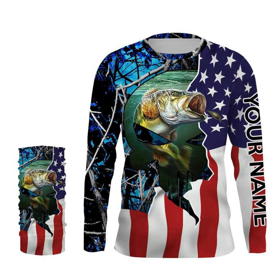 Beautiful Bass fishing American Flag Blue muddy camo UV protection quick dry Customize name long sleeves UPF 30+ personalized gift – NQS728