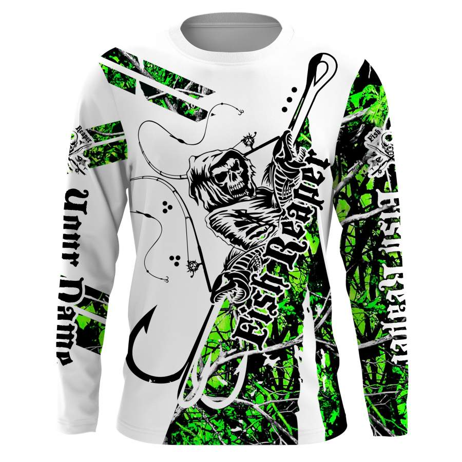 Fishing Fish reaper Green Muddy camo UV protection quick dry customize name long sleeves, Long sleeve hooded UPF 30+ personalized gift for Fishing lovers – IPH1744