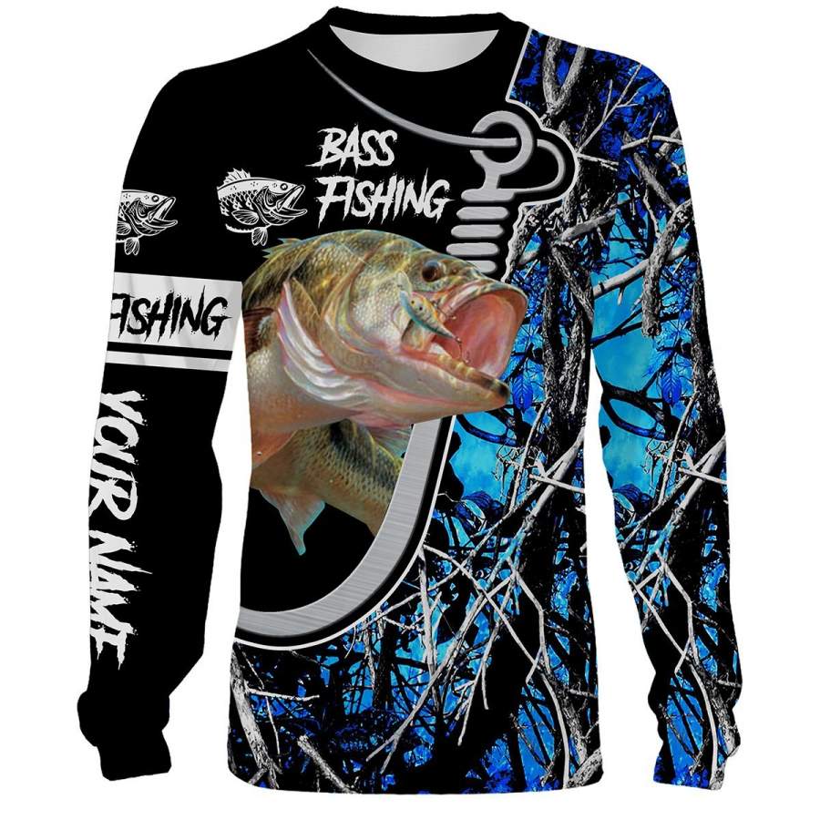 Bass blue muddy camo fish hook Customize name All over print shirts – fishing gift for men and women – IPH1115