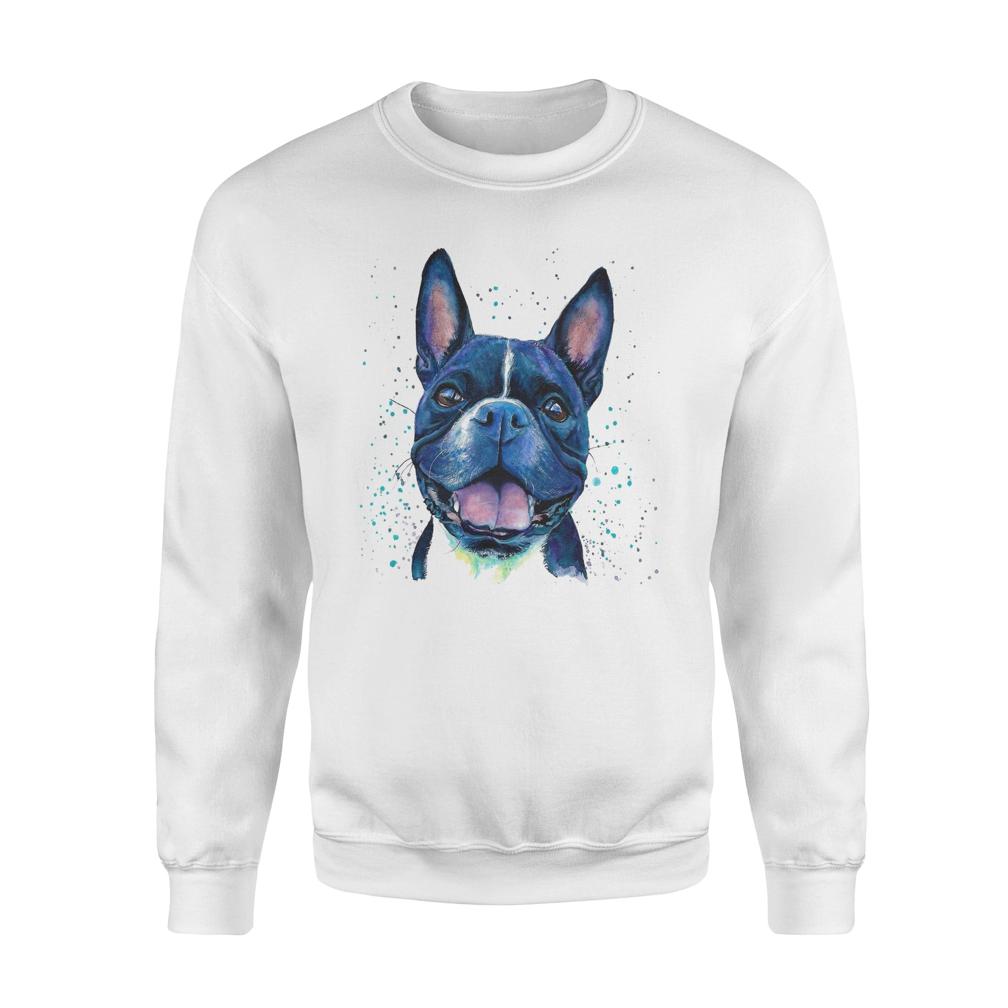 Colorful Boston Terrier Dog Art Watercolor Painting – Crew Neck Sweatshirts