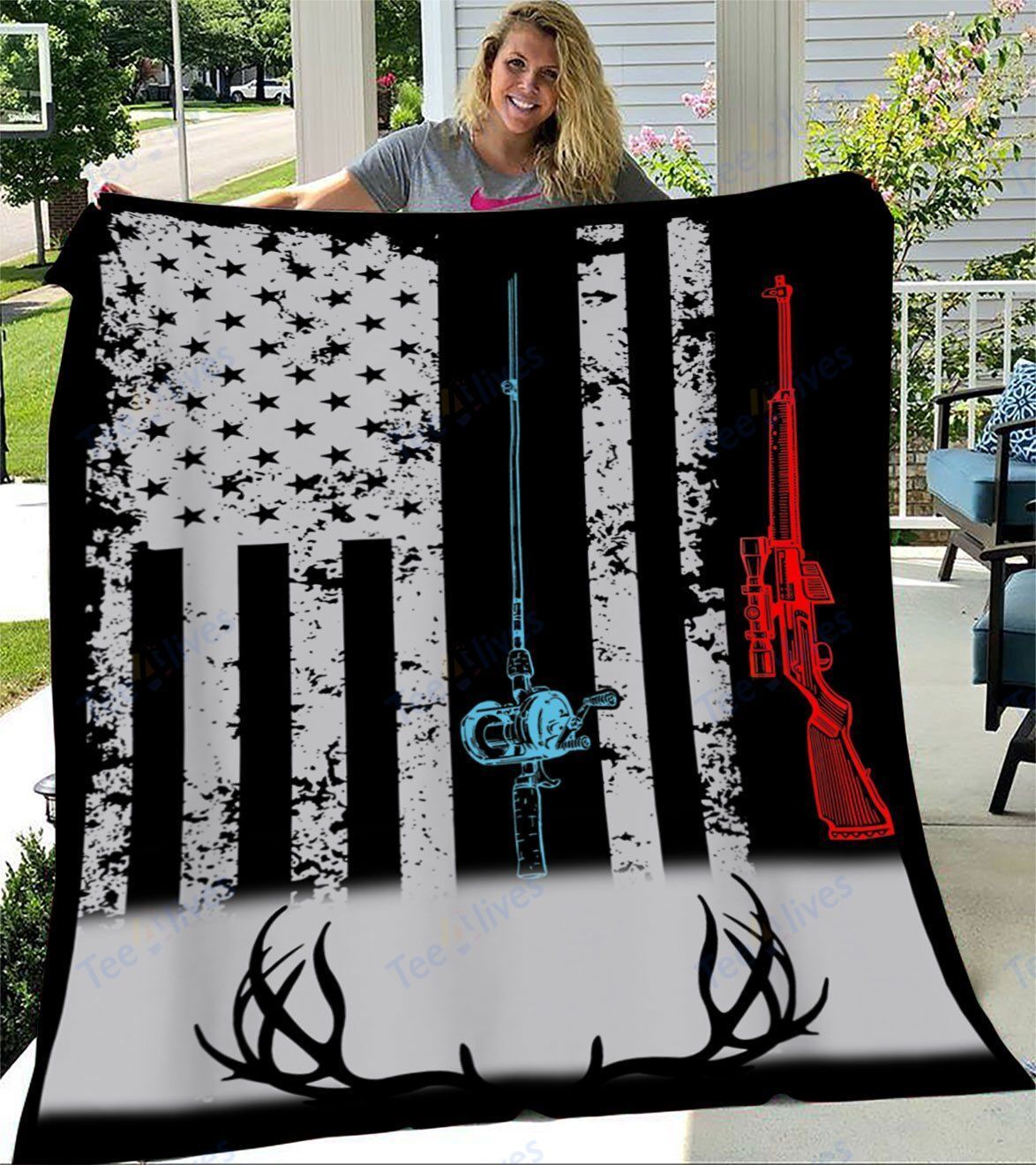 Fishing Rod Hunting Rifle American Flag Blanket