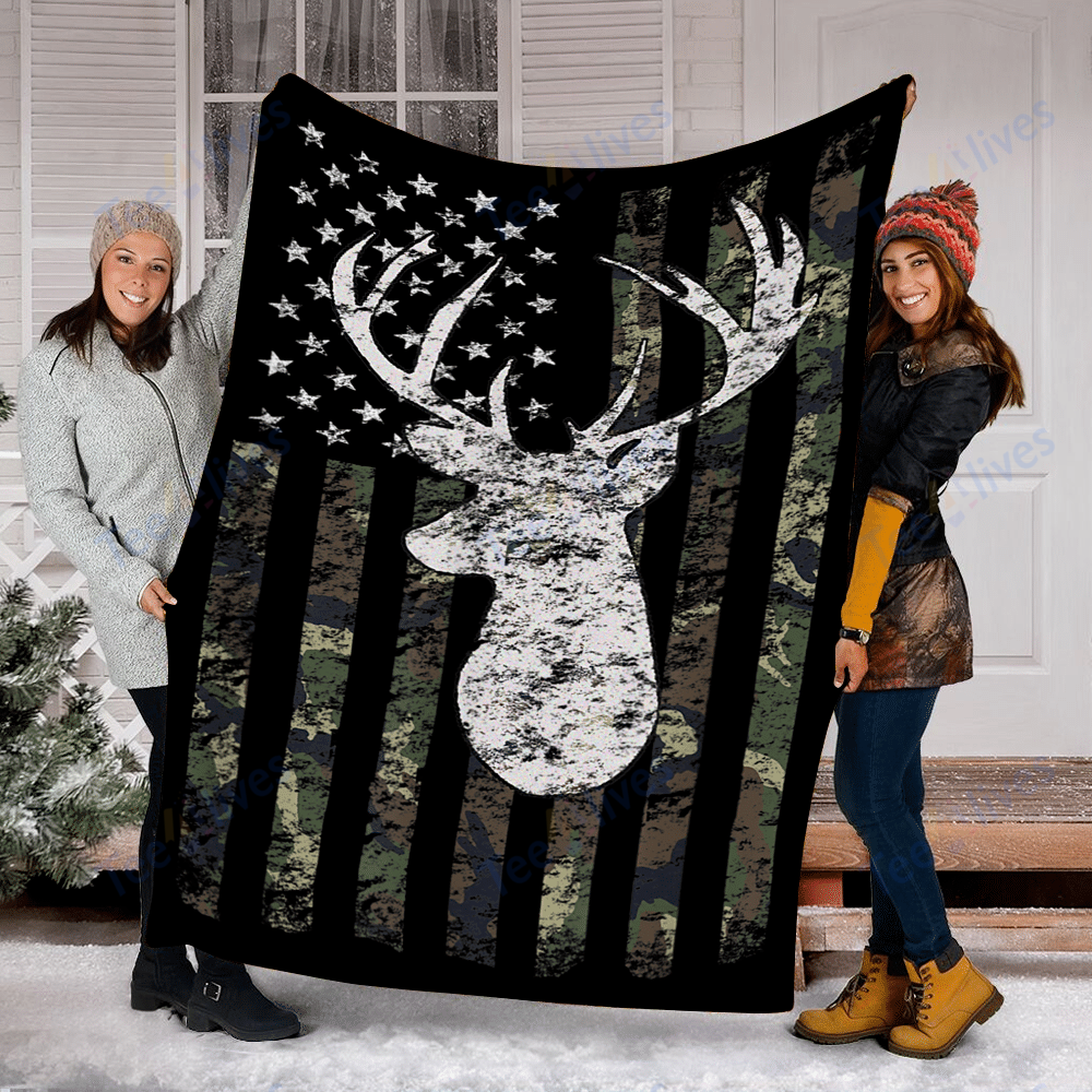 Camouflage American Flag Deer Hunting Blanket