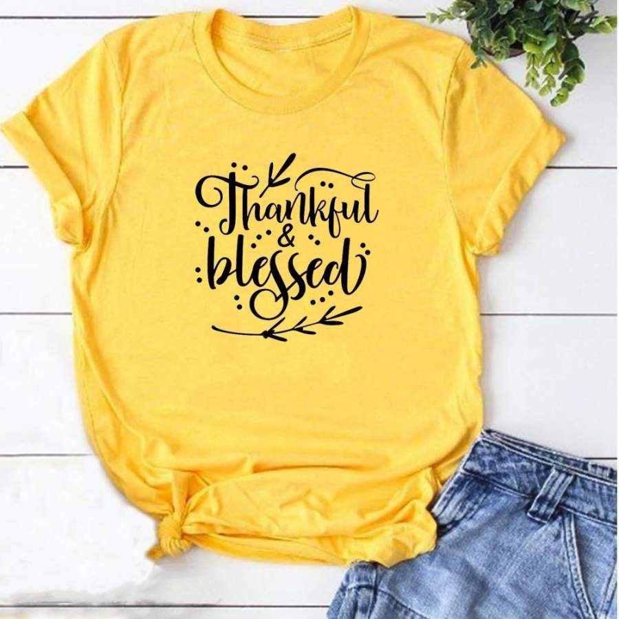 Women’S Fashion Grateful Thankful Blessed Pumpkin Shirt Short Sleeve Halloween Shirt