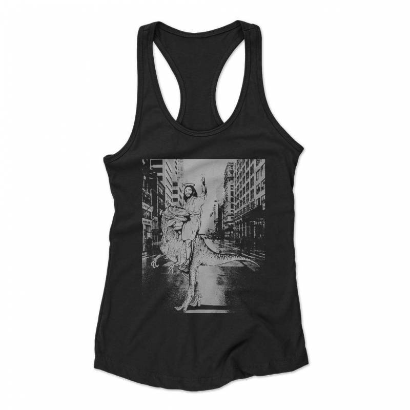 Jesus Visit New York Riding Dinosaur Woman’s Racerback Tank Top