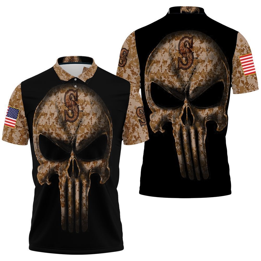 Camouflage Skull Seattle Mariners American Flag Polo Shirt