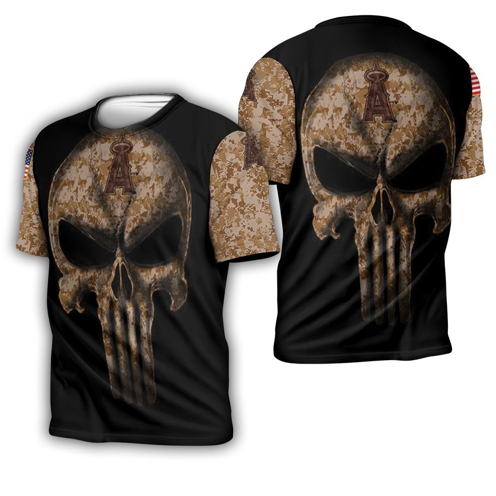 Camouflage Skull Los Angeles Angels American Flag 3D T-Shirt