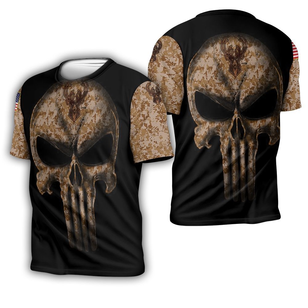 Camouflage Skull Milwaukee Bucks American Flag 3D T-Shirt