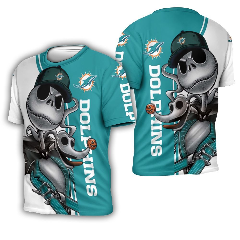 Miami Dolphins Jack Skellington And Zero 3D T-Shirt