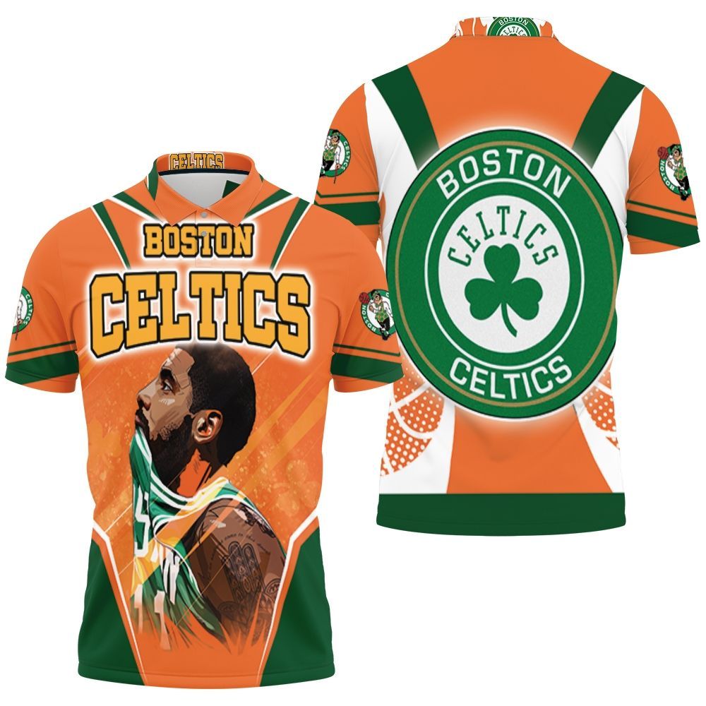 Kyrie Irving 11 Boston Celtics Orange Background Polo Shirt