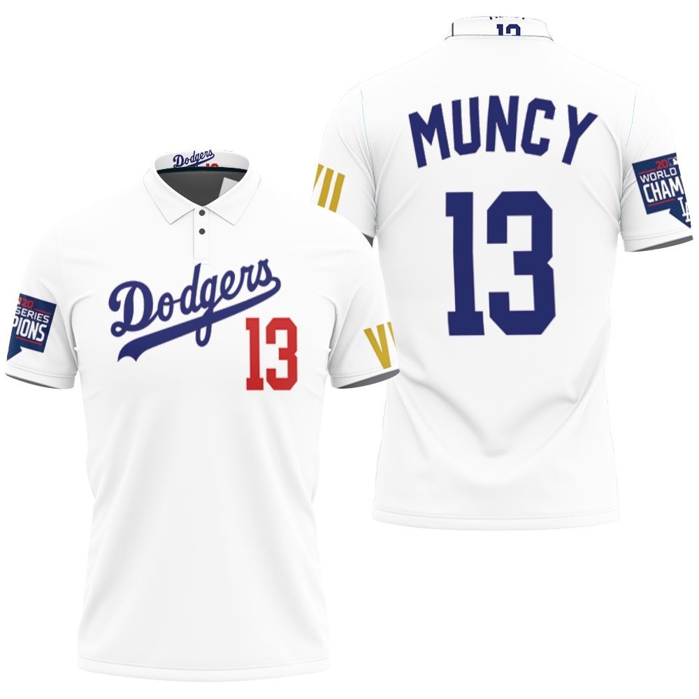 Los Angeles Dodgers Muncy 13 2020 Championship Golden Edition White Jersey Inspired Style Polo Shirt