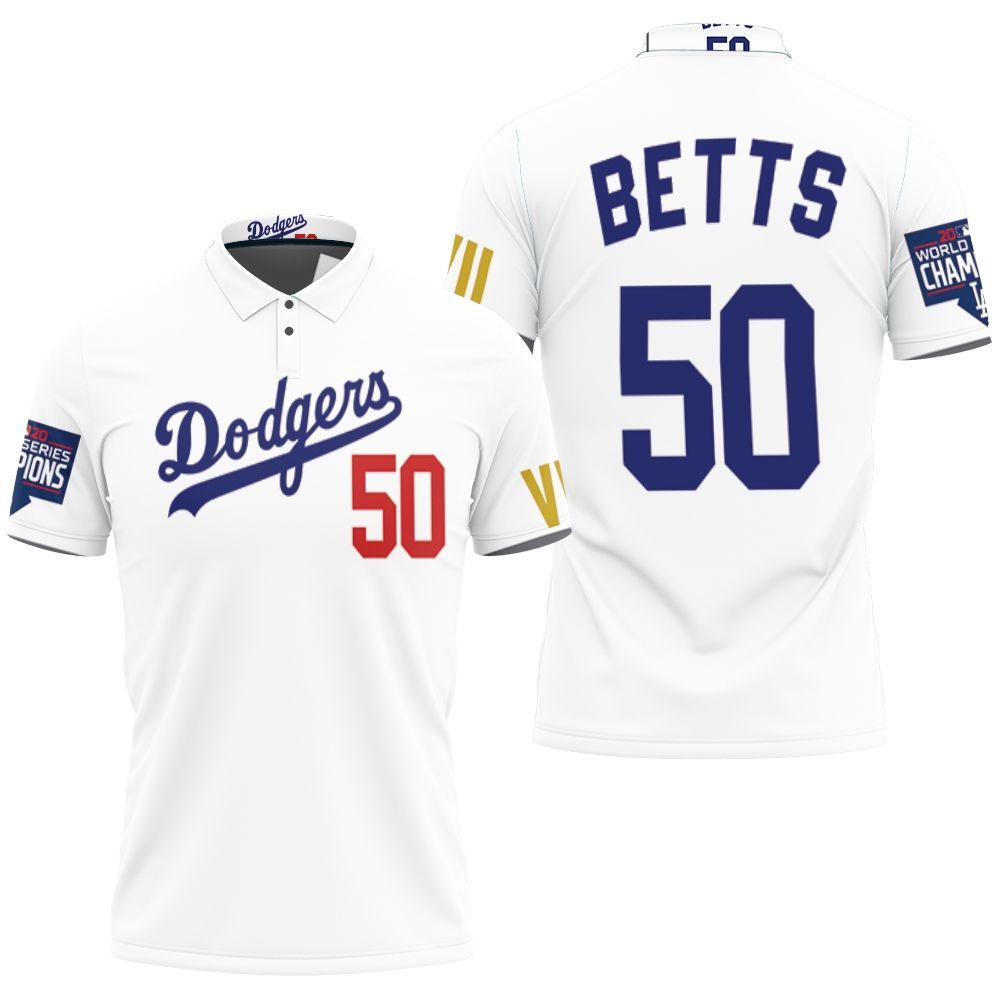 Los Angeles Dodgers Betts 50 2020 Championship Golden Edition White Jersey Inspired Style Polo Shirt