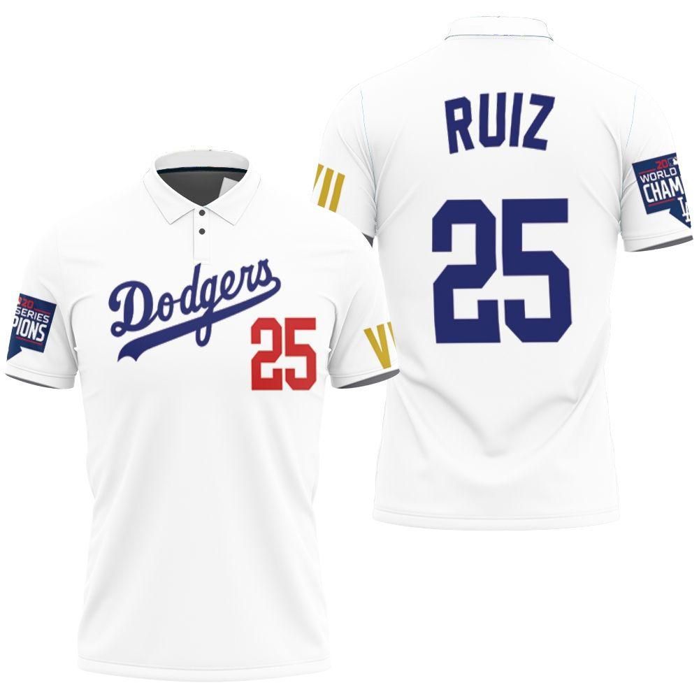 Los Angeles Dodgers Ruiz 25 2020 Championship Golden Edition White Jersey Inspired Style Polo Shirt