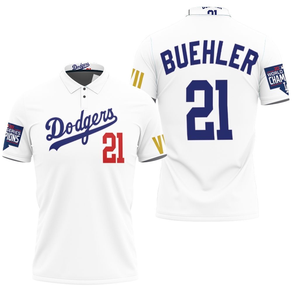 Los Angeles Dodgers Buehler 21 2020 Championship Golden Edition White Jersey Inspired Style Polo Shirt