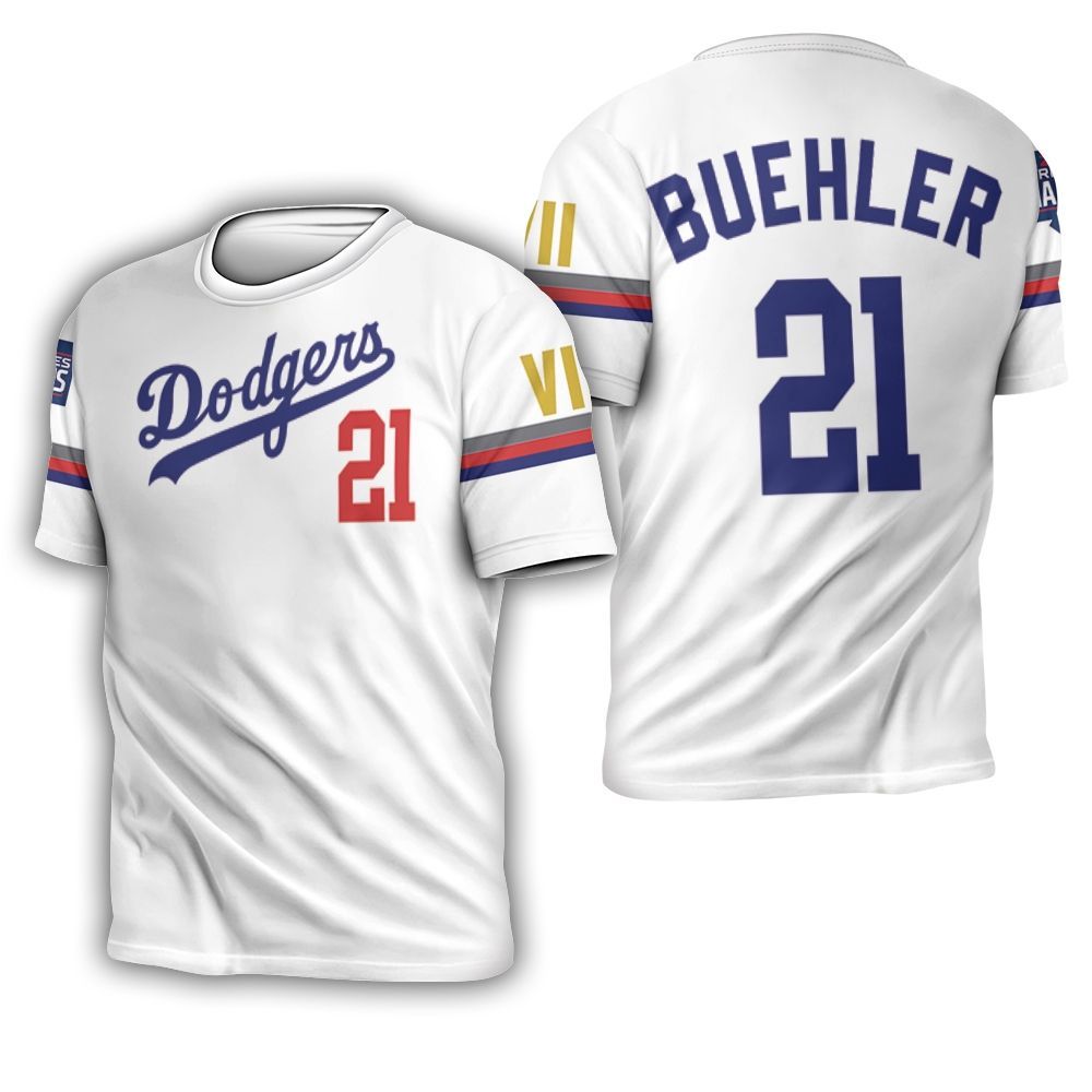 Los Angeles Dodgers Buehler 21 2020 Championship Golden Edition White Jersey Inspired Style 3D T-Shirt