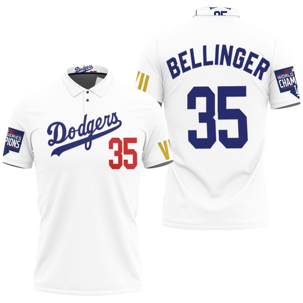 Los Angeles Dodgers Bellinger 35 2020 Championship Golden Edition White Jersey Inspired Style Polo Shirt