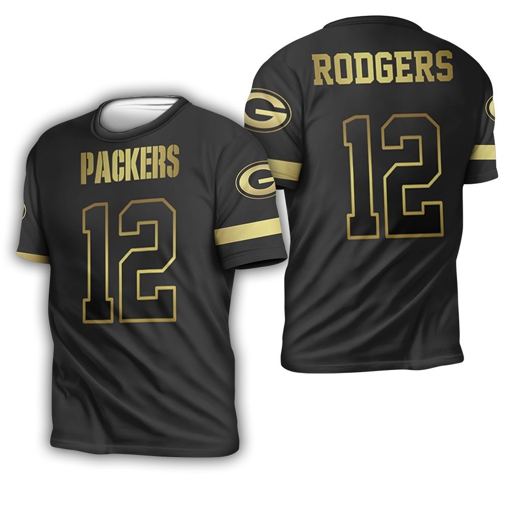 Green Bay Packers 12 Aaron Rodgers Black Golden Edition Jersey Inspired 3D T-Shirt