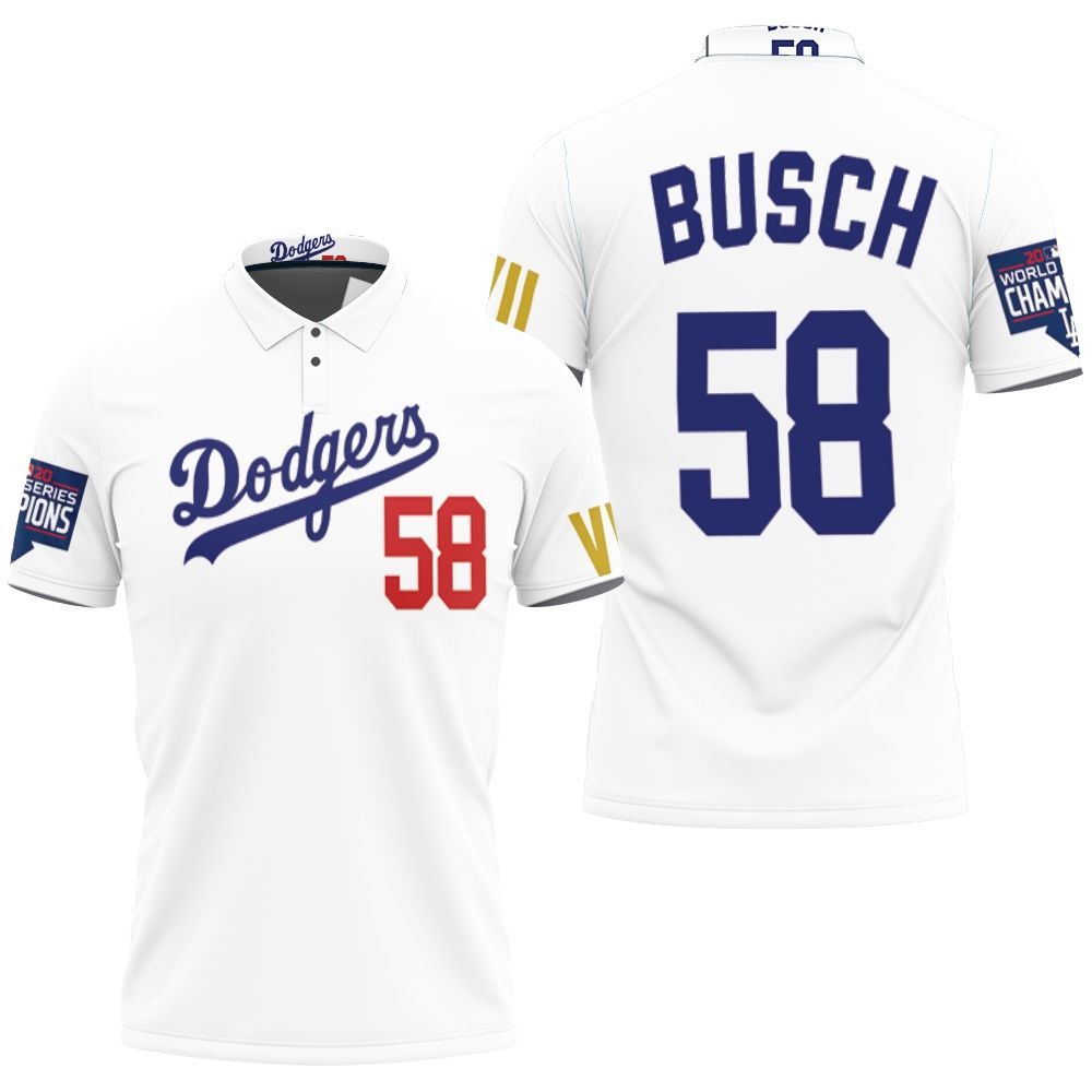 Los Angeles Dodgers Busch 58 2020 Championship Golden Edition White Jersey Inspired Style Polo Shirt