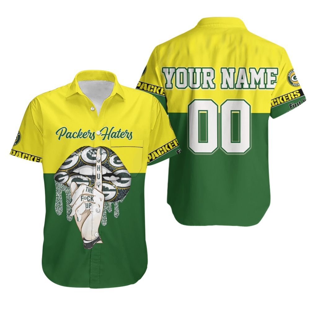 Green Bay Packers Hatter Shut The F Up Shhh Glitter Pattern Lips Fan 3D Personalized Hawaiian Shirt