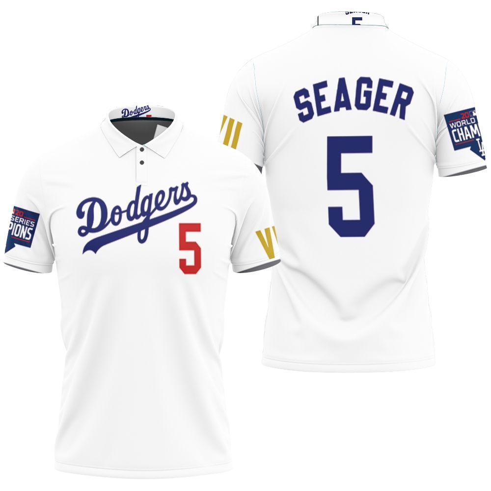 Los Angeles Dodgers Seager 5 2020 Championship Golden Edition White Jersey Inspired Style Polo Shirt