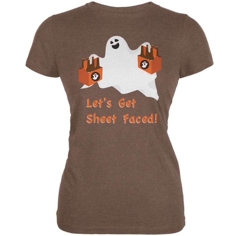 Halloween Ghost Sheet Faced Heather Brown Juniors Soft T-Shirt