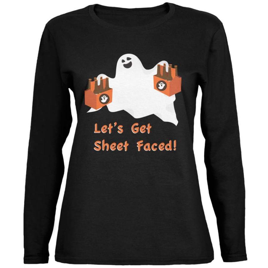 Halloween Ghost Sheet Faced Black Womens Long Sleeve T-Shirt