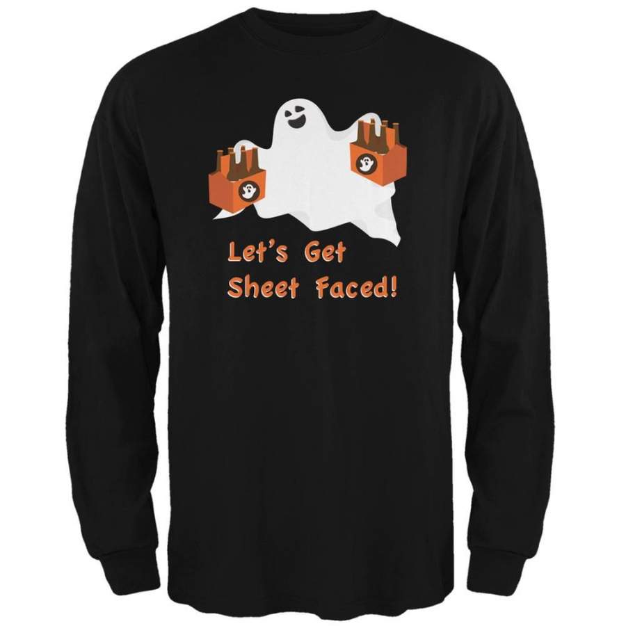 Halloween Ghost Sheet Faced Black Adult Long Sleeve T-Shirt