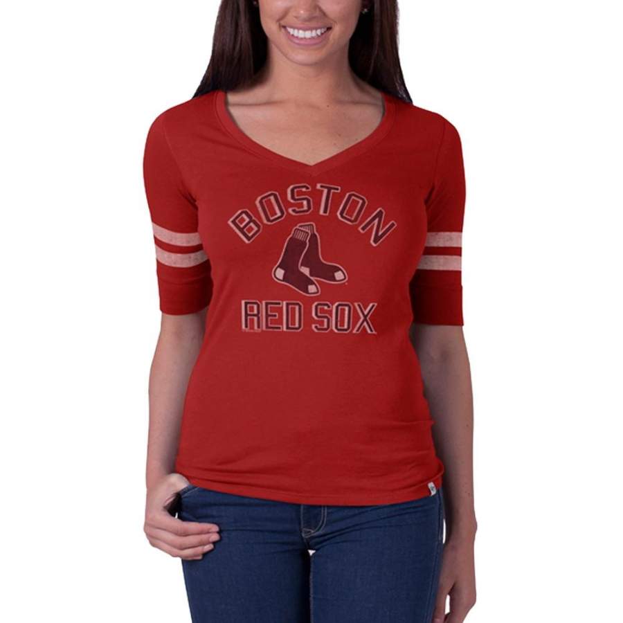 Boston Red Sox – Flanker Logo Half Sleeve Juniors V-Neck T-Shirt