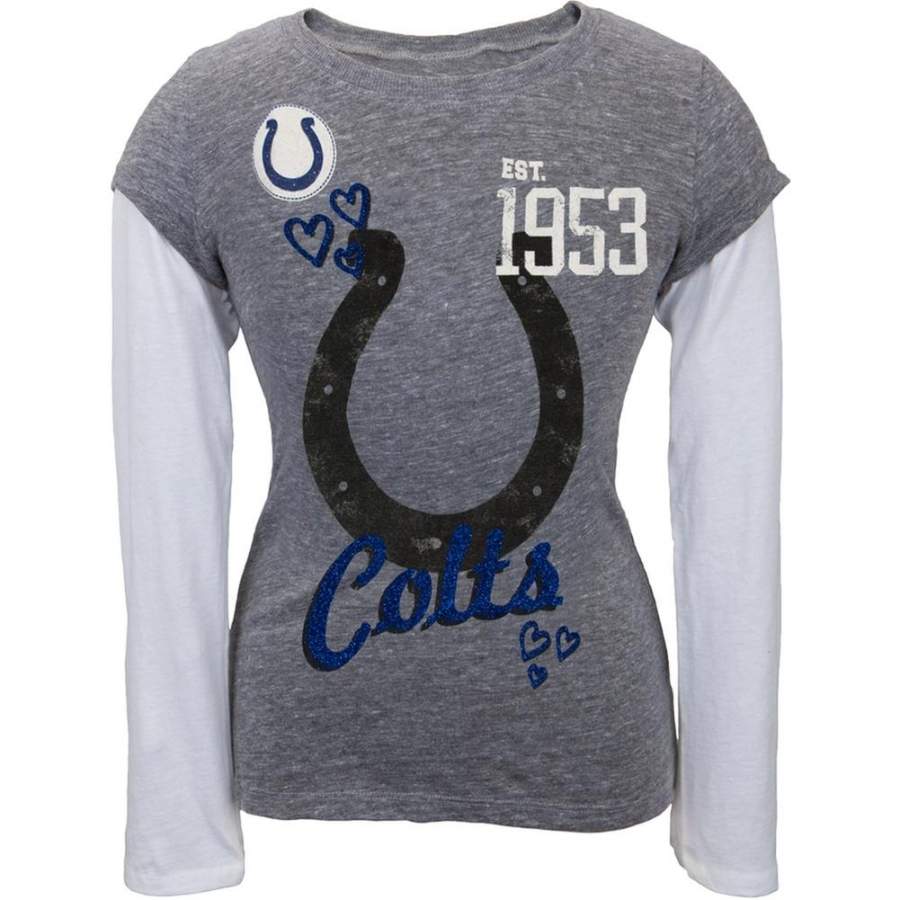 Indianapolis Colts – Glitter Hearts Girls Youth 2fer Long Sleeve T-Shirt