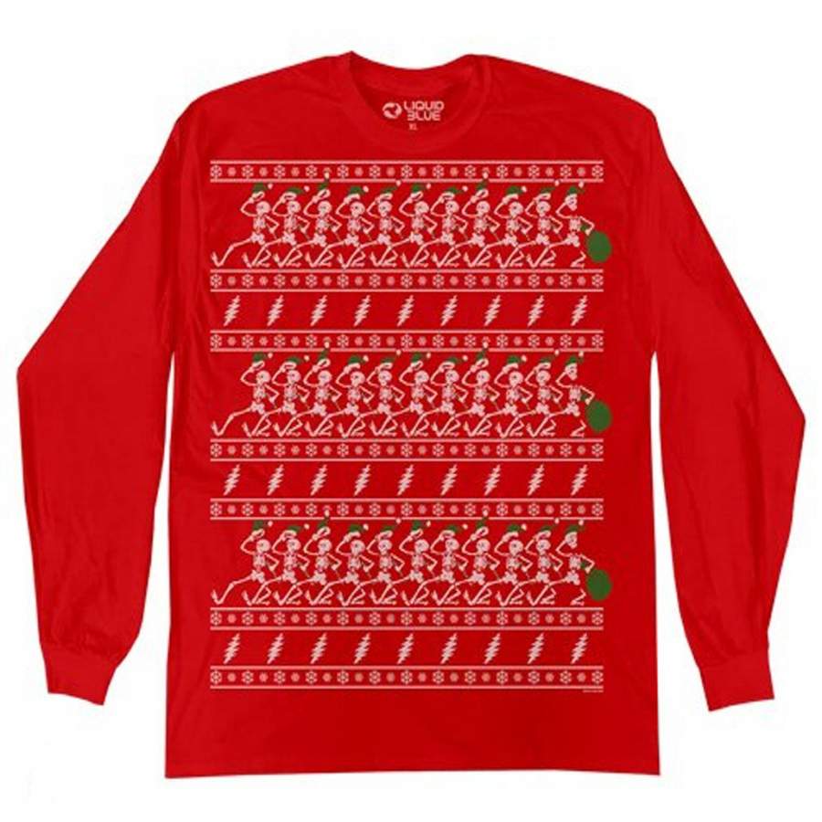 Grateful Dead-Red-Dancing Skeletons-Ugly Christmas Sweater Style Longsleeve t-shirt